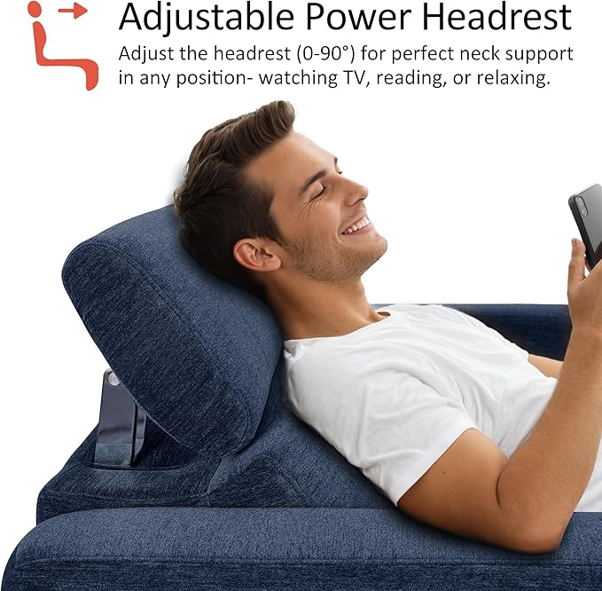 MCombo 62.2'' Reclining Loveseat, Wall Hugger Power Loveseat Recliner Sofa with Adjustable Headrest, USB A & C Charge Ports, Wood Legs, for Living Room (Fabric, HL198M1) (Navy Blue)