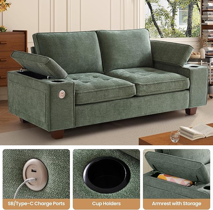 74" Loveseat Couch for Living Room, Modern Chenille Upholstered Sofa with Adjustable Armrest,Storage,Cup Holders,USB & Type-C Ports,Solid Wood 2-Seater Loveseat Sofa for Apartment(Green)