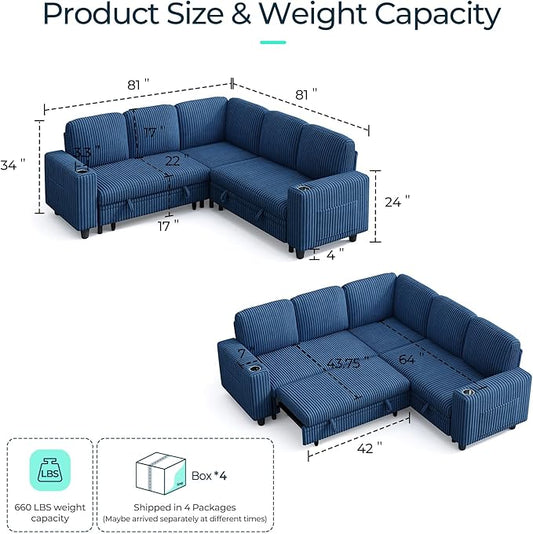 LINSY HOME Sleeper Sofa Bed with Pull Out Couch Modular Sectional Sofa (Blue, Sleeper Sofa 2) | Pull Out Sofa Bed, USB Charging, Cup Holders, Plush Corduroy, Storage | Pull Out Sofa Bed, USB Charging, Cup Holders, Plush Corduroy, Storage, Convertible