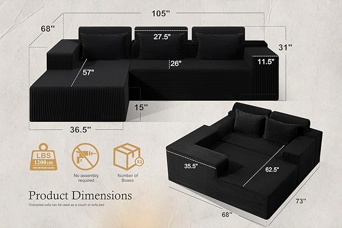 HABUTWAY Sectional Couches for Living Room,No Assembly L Shaped Couch 105" Modular Sectional Sofa Couch with Deep Seat,Cloud Couches Furniture Sets for Apartment,Corduroy (Black, Left Facing)