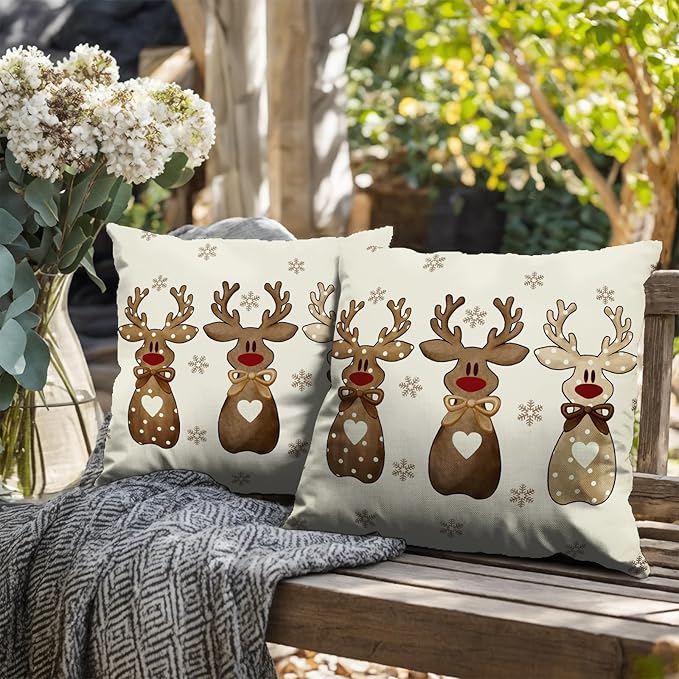 Christmas Reindeer Snowflakes Pillow Covers 18x18 Set of 2 Xmas Polka Dot Love Heart Bow Brown Elk Deer Throw Pillows Cute Winter Holiday Farmhouse Outdoor Cushion Cases for Sofa Couch