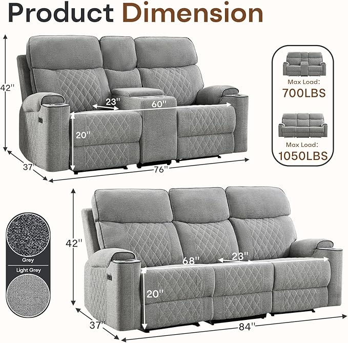 HAOMARKETS 2-Piece Power Recliner Sofa Set with Charging Port, Include 2-Seater Loveseat Reclining Couch with Hidden Storage and Cup Holders and 3-Seater Recliner Couch for Living Room, Light Grey