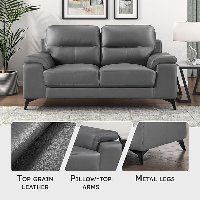 Lexicon Leather Loveseat Sofa, Modern Couch Sofa, Oversized Loveseat, Top Grain Leather Couch for Living Room, Bedroom, Office, Apartment, 2-Seater Loveseat, Dark Gray
