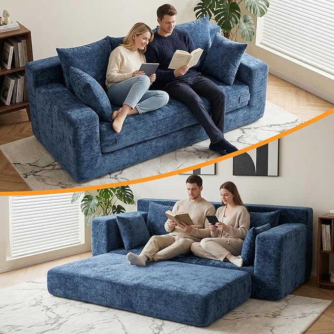 Boneless Couches 70", 3 Seater Boneless Couch with Pull Out Sofa Bed, Boneless Couch with 5 Pillows, Plush Velvet Sofa for Living Room & Bedroom, Blue