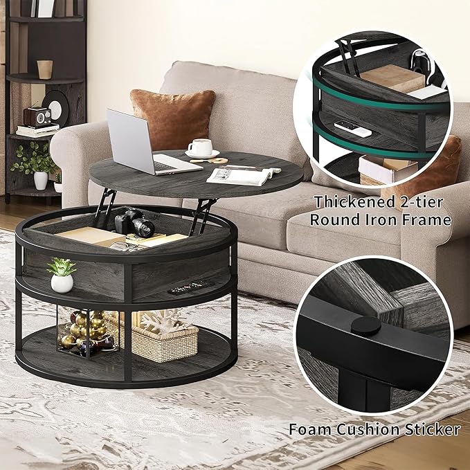 YITAHOME Round Lift Top Coffee Tables for Living Room, Farmhouse Coffee Table with Storage and Hidden Compartment, 2 Tier Modern Large Coffee Table Round Dining Table, Dark Grey