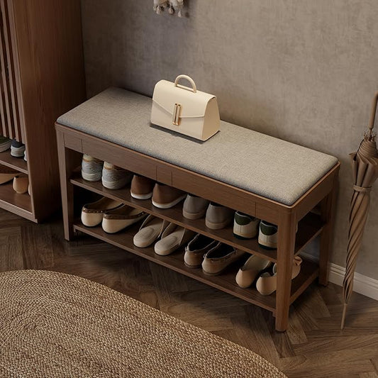 Shoe Bench with Storage, Wooden Shoe Storage Bench with Cushion&Hidden Drawer, 2-Tier Shoe Rack Bench for Entryway, Mudroom, Hallway