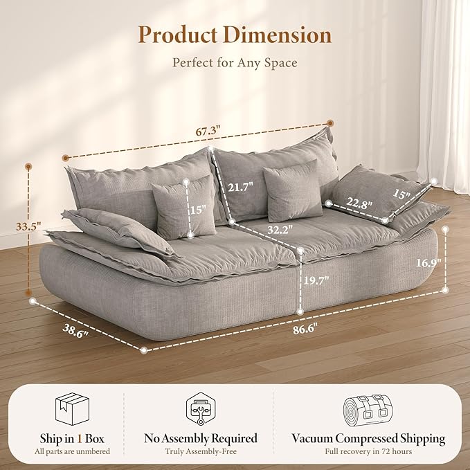Vesgantti 86.6" Cloud Couches for Living Room, Cozy Chenille Boneless Couch with Curved Armrest, Modern Stylish Sailboat Sofa with Deep Seat, No Assembly Required, Light Grey