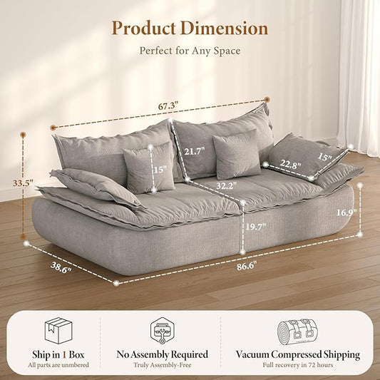 Vesgantti 86.6" Cloud Couch for Living Room, Modern 3 Seater Sailboat Sofa with Deep Seat, Comfy Chenille Upholstered Boneless Couch with Curved Armrest, No Assembly Required, Light Grey