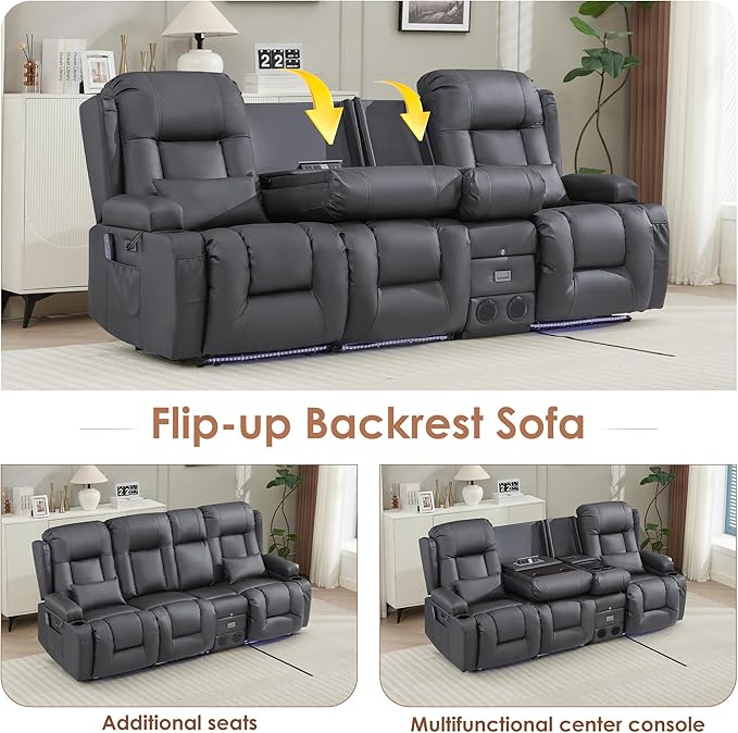 TUNYI Wall Hugger Loveseat Recliner Sofa with Console, Power Reclining Loveseat RV Couch with Massage & Heat/USB/Outlet/Storage/LED Light/Speaker (Light Grey, 3 Seat with Console)