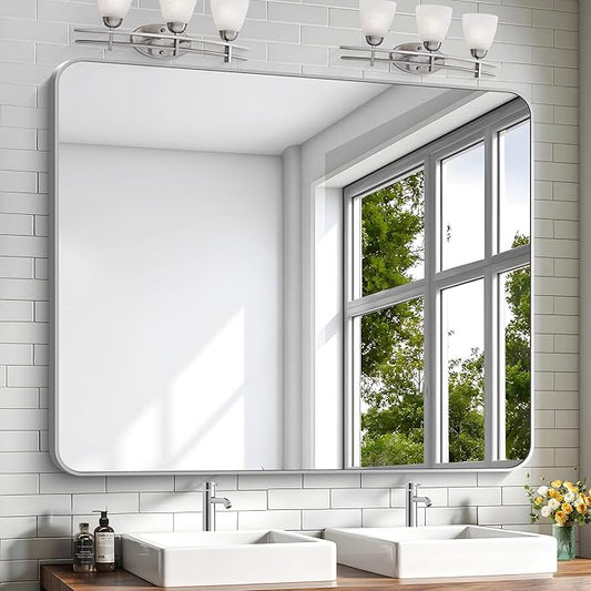 KOCUUY Silver Bathroom Mirror, 40x48 Inch Large Bathroom Mirror for Over Sink, HD Tempered Glass, Anti-Rust Brushed Silver Frame, Rounded Corner Modern Design for Bathroom, Hang Horizontal/Vertical