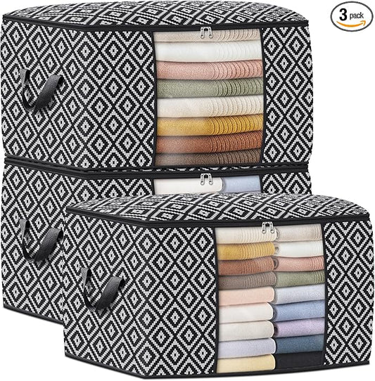 Direct 100L, 3 Pack, Storage Containers, Large Clothes Storage Bins Foldable Organization and Storage Bags with Reinforced Handle, Clear Window for Bedding, Blankets, Clothing, Black