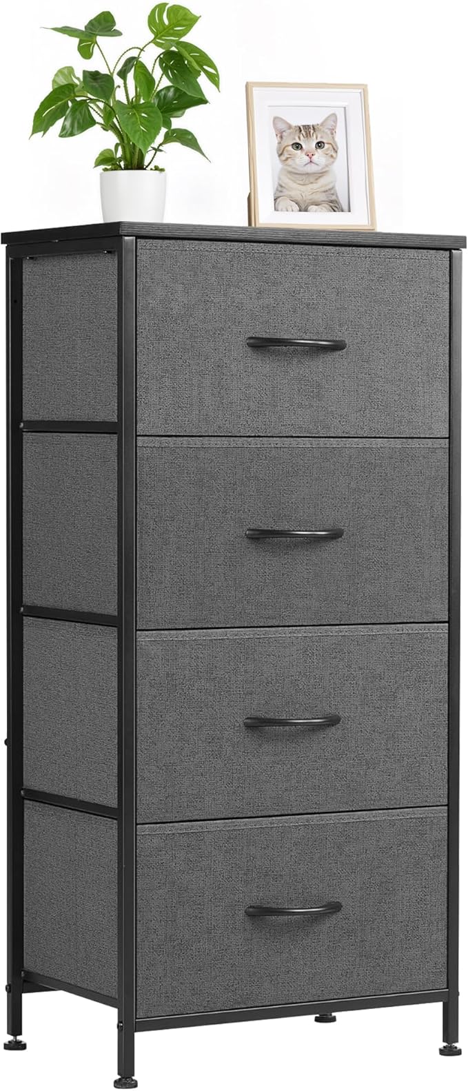 Nightstand with 4 Fabric Drawers, 37.4" H Tall Narrow Bedside Table with Wooden Top Steel Frame for Bedroom, Dorm, Closet, Living Room, Grey