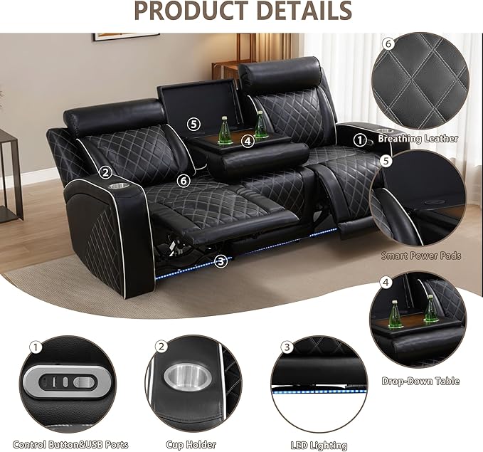 Power Recliner Sofa Set, Breathing Leather Reclining Couch Set, 3 Piece Living Room Furniture Set with LED Lights/Charging Ports/Storage for Home/Office (Black New, Sofa+Loveseat+Chair)