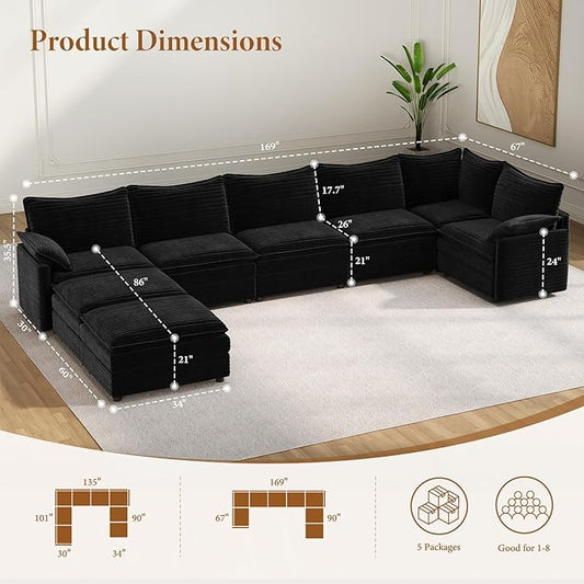 Vesgantti Large Modular Sectional Sofa, Big Comfy Cloud Couch with Ottoman Deep Seat Corduroy Cloud Sofa, 8 Seater Large Sectional Couches for Living Room, Bedroom and Apartment, Black | Sink-in Comfort, Height Adjustable, Easy Rearrangement, Extra-dee...