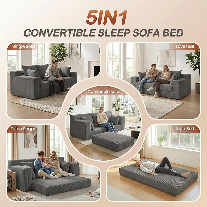 Convertible Sofa Bed, 5 in 1 Small Boneless Couch Pull Out Loveseat Sleeper Sofa,Corduroy Futon Couch Folding Mattress with 4 Pillows for Living Room (Gray, 3 Seater)