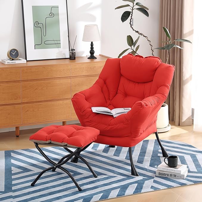 Lazy Chair with Ottoman, Modern Chair with Folding Footrest, Red Accent Chair, Comfortable Reading Chair, Oversized Armchairs for Bedroom, Study, Living Room, Courtyard
