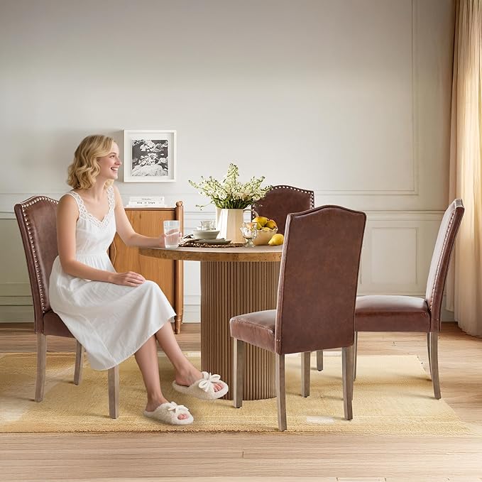 Upholstered Dining Chair Modern Stylish Parsons Kitchen Diner High Back with Silver Nailhead Trim & Wood Legs, Set of 4, PU Leather Light Brown