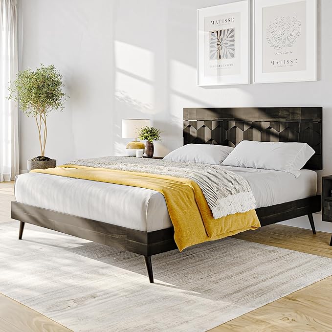 Bme Georgina Signature Mocha Bed Frame, Queen Bed Frame and Headboard Handcrafted Geometric, Mid Century Modern, Solid Acacia Wood, No Box Spring Needed, 12 Strong Wood Slats Support, Easy Assembly