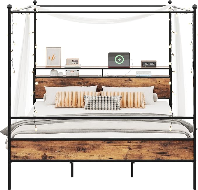 LIKIMIO Canopy Bed Frame King with Storage Headboard & Charging Station, Sturdy Metal Platform Bed with 4 Removable Posts, Dual Purpose Bed Frame, No Box Spring Needed, Noise Free