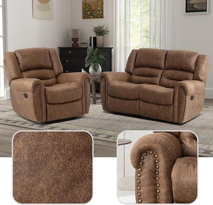 EBELLO Manual Recliner Sofa Set, Faux Leather Reclining Living Room Set, Included Single Recliner Chair and Loveseat Manual Sofa, Brown