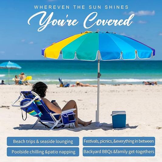 AMMSUN 7.5ft Heavy Duty HIGH Wind Beach Umbrella with sand anchor Vent Tilt Portable Sun Shelter, UV 50+ Protection Outdoor Sunshade Umbrellas Carry Bag for Patio Garden Pool Backyard Multicolor Blue