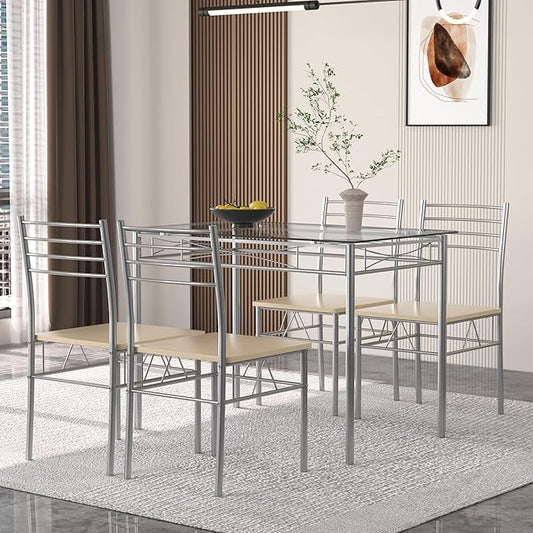 VECELO 5 Piece Dining Table and Chairs Set for 4, Glass Tabletop, Small Space, Silver