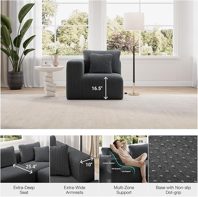 Novilla Modular Sectional Sofa, Modern Cloud Sectional Couch with SmartS Coil® Support, Upholstered Boneless Couch for Living Room Apartments Bedroom, No Assembly Required, Dark Gray (Right-Arm Chair)