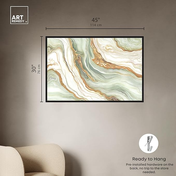 Art Remedy Green And Gold Framed Mineral, Agate & Geode 1 Piece Canvas Wall Art, 46" x 31", Black Frame