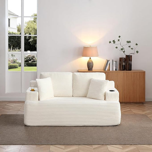 Floor Loveseat Boneless Sofa Couch in a Box with Cup Holder and Side Pockets, Corduroy Upholstered 2 Seater Cloud Foam Sofa with Deep Seating for Living Room, No Assembly | Breathable material, Cupholders