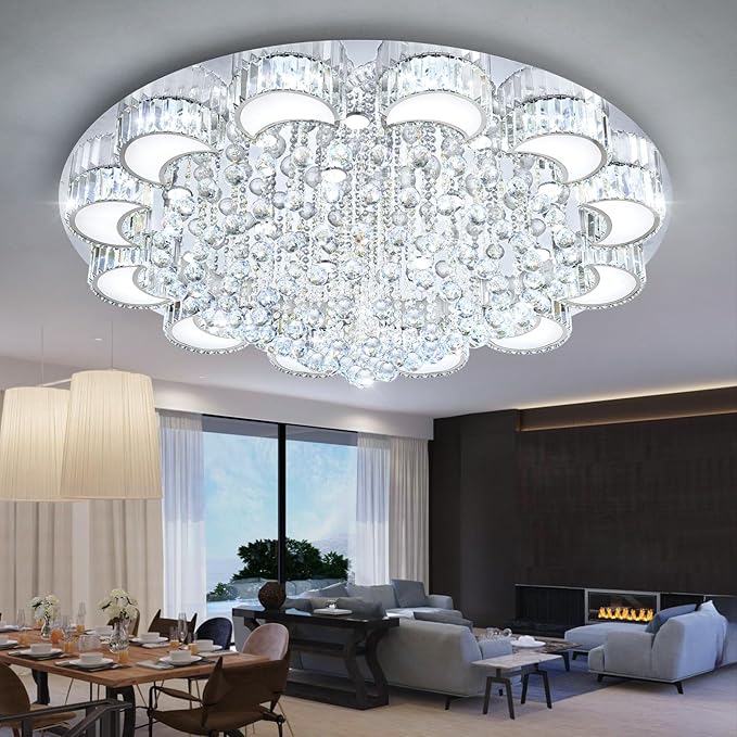 47'' Silver Modern Crystal Chandeliers for Dining Room LED Dimmable Light Fixtures Flush Mount Light Living Room Bedrooms