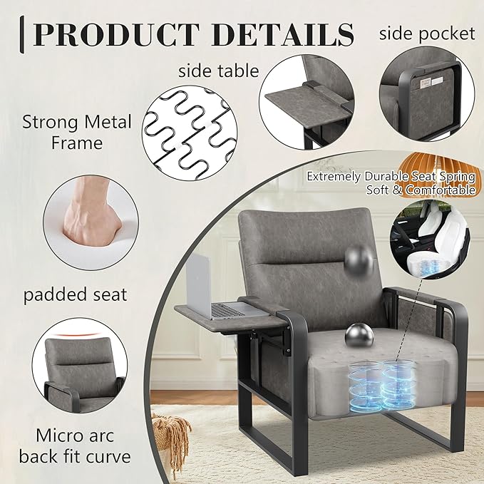 Upholstered Living Room Chair Armchair Set of 2, Mid Century Faux Leather Metal Accent Chair, Reception Couch Office Guest Chair Slipper Club Lounge Single Sofa with Sidetable for Bedroom-Grey