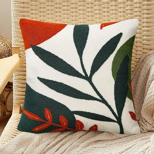 Merrycolor Boho Decorative Throw Pillow Covers 18x18 Tufted Abstract Mid Century Modern Pillow Covers Aesthetic Boho Pillows Decorative Pillows for Bed Couch Sofa Living Room Dark Green Orange(B)