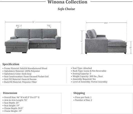 Lexicon Mid Century Modern Sectional Sleeper Sofa Bed Couch with Storage Chaise, Sectional Sofa Pull Out Couch Bed, Sectional Couch Lounge Sofa for Living Room Apartment, Left Side Chaise, Gray