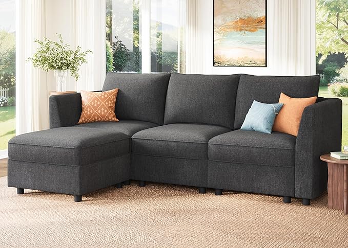 HONBAY Modular Sectional Sofa with Storage L Shaped Sectional Sofa, Convertible Couches for Living Room - Snowflake Velvet Grey