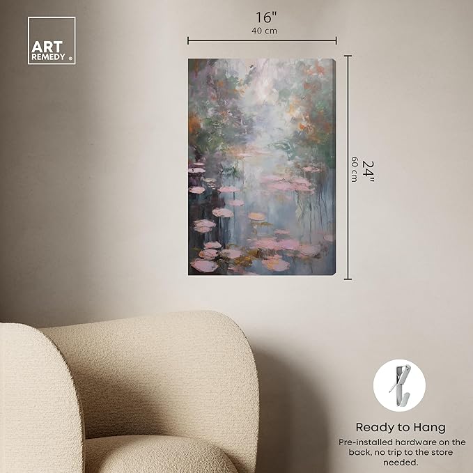 Art Remedy Pink Impressionisty Lilypads Gallery Wrapped Impressionism 1 Piece Canvas Wall Art/Monet And Van Gogh Inspired Art, 16" x 24", Gallery Wrapped