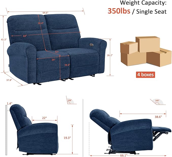 MCombo 64.6" Wall Hugger Power Loveseat Recliner Sofa with USB Ports, Reclining Loveseat for Small Spaces Living Room RV, Fabric PR635M1 (Navy Blue)