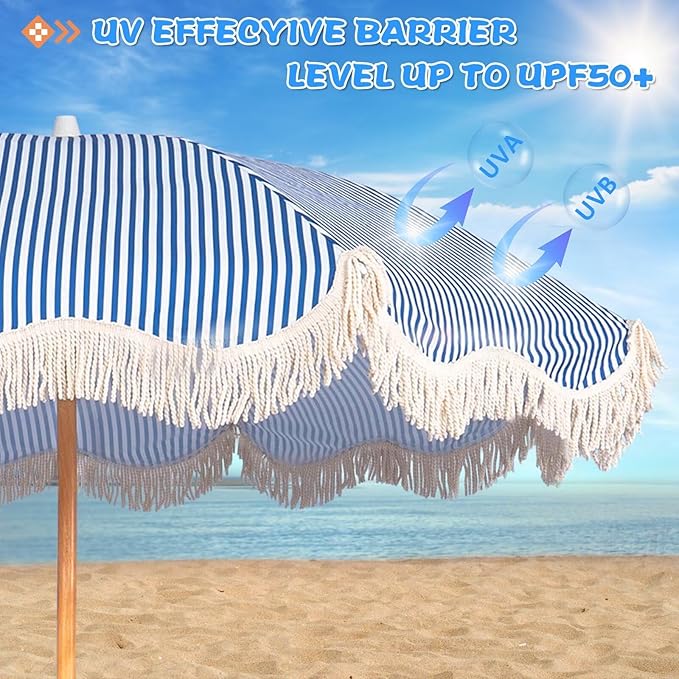 6.5ft Boho Beach Umbrella with Fringe, UPF 50+ Tassel Umbrellas with Carry Bag, Premium Wood Pole Foldable Patio Umbrella for Outdoor Holiday Garden Lawn Pool Yard Table