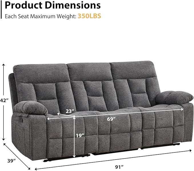 EBELLO Reclining Sofa for Living Room, Extra Wide Modern Overstuffed 3 Seat Recliner Manual Sofa with Hidden Armrest Cup Holders, Soft Breathable Fabric and Padded Seat, Light Grey