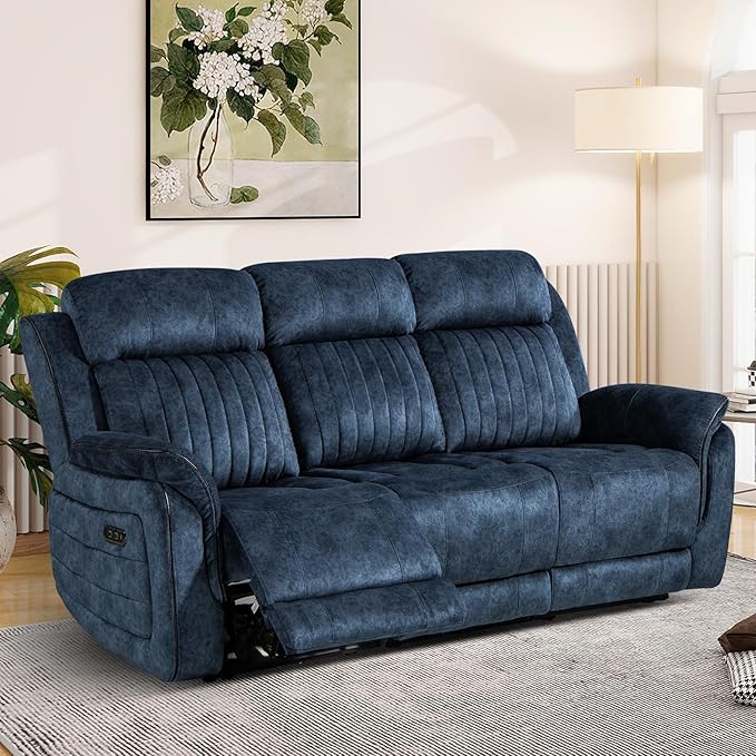 Power Reclining Sofa with Zero Gravity, Electric Reclining Couch with Adjustable Headrest, Wireless Charge, USB/Type-C Ports, 3 Seater Recliner Sofa for Living Room (Blue, 3 Seater Sofa)
