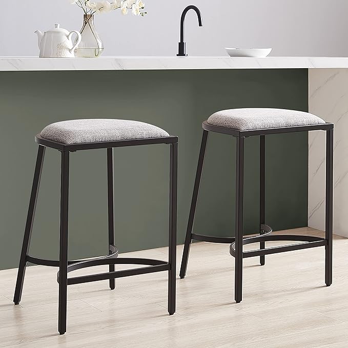Crosley Furniture Ellery Upholstered Seat Counter Height Bar Stools Set of 2, Gray/Matte Black