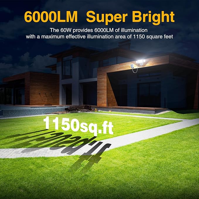 Onforu Plug in Flood Light,60W 6000LM Dusk to Dawn Outdoor Lighting,with Remote,IP65 Waterproof,3 Adjustable Heads Light for Garage Yard