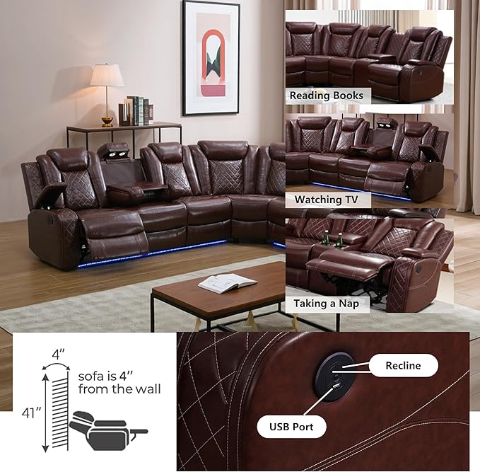 Power Recliner Sectional Sofa with LED, Breathing Leather Reclining Sectional Couch, L Shaped Couch with Dual Recliners, USB Port, Cup Holder&Storage for Living Room (Garnet)