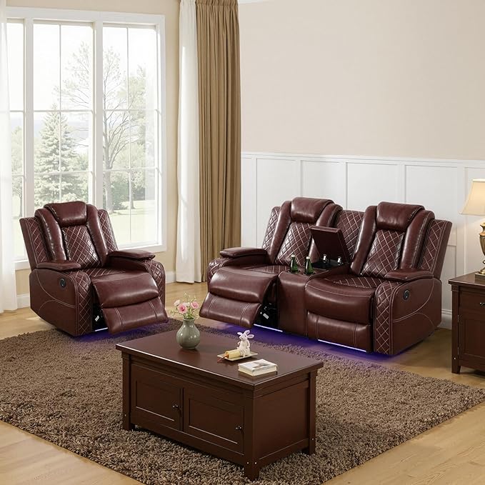 Power Recliner Sofa Set for Living Room, Leather Reclining Sofa Sets with Storage Console, Living Room Furniture Sets with LED Lights(Loveseat and Chair,Wine)