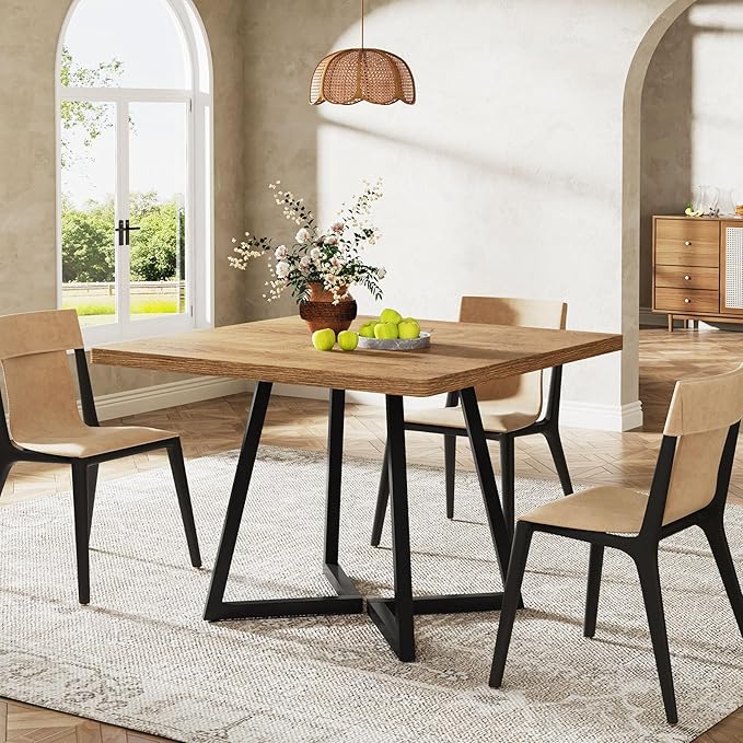 Tribesigns Square Dining Table, 31.5" Modern Dinner Table with Metal Base, Kitchen Table for Dining Room, Small Space, Apartment, Natural & Black (4pcs)