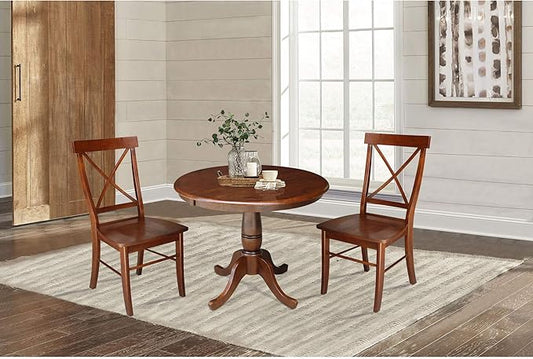 IC INTERNATIONAL CONCEPTS 36" Round Top Pedestal Ext Table with 12" Leaf and 2 X-Back Chairs