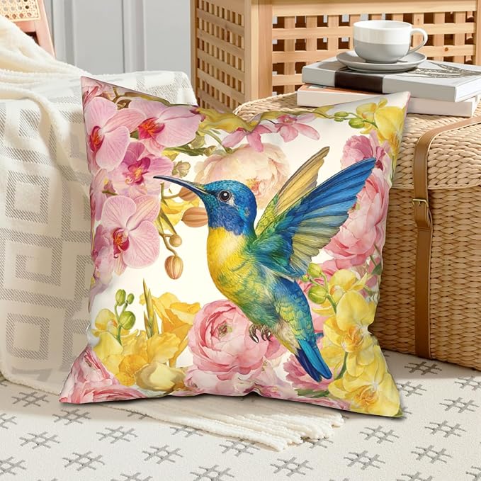 Spring Pillow Covers 18x18 Set of 2 Hummingbird Throw Pillow Covers Pink Yellow Moth Orchid Buttercup Floral Pillow Case for Home Decor Couch Sofa