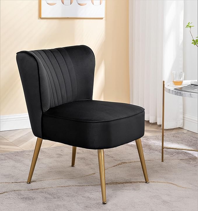 Modern Velvet Accent Chair for Living Room, Bedroom, or Entryway, Stylish and Comfortable Armless Design with Metal Legs, Black