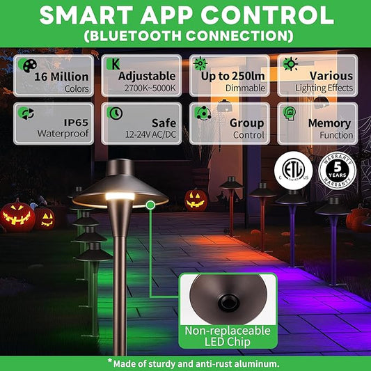Chrisrmas Smart Outdoor Path Light RGBCW, 12V App Control Landscape Pathway Lights LED, Low Voltage Pathlight IP65 Waterproof Wired, Hat Aluminum ORB for Backyard Holiday Decor (6 Pack)
