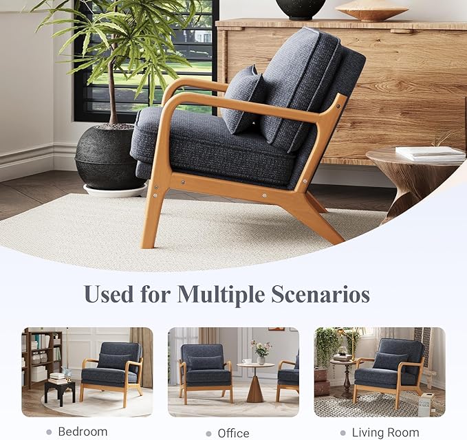 Accent Chair Set of 2 with Solid Wood Frame, Mid-Century Relaxing Armchair Lumbar Pillow& Soft Cushion, Reading Leisure Chair for Living Room, Bedroom, Waiting Room-Blue