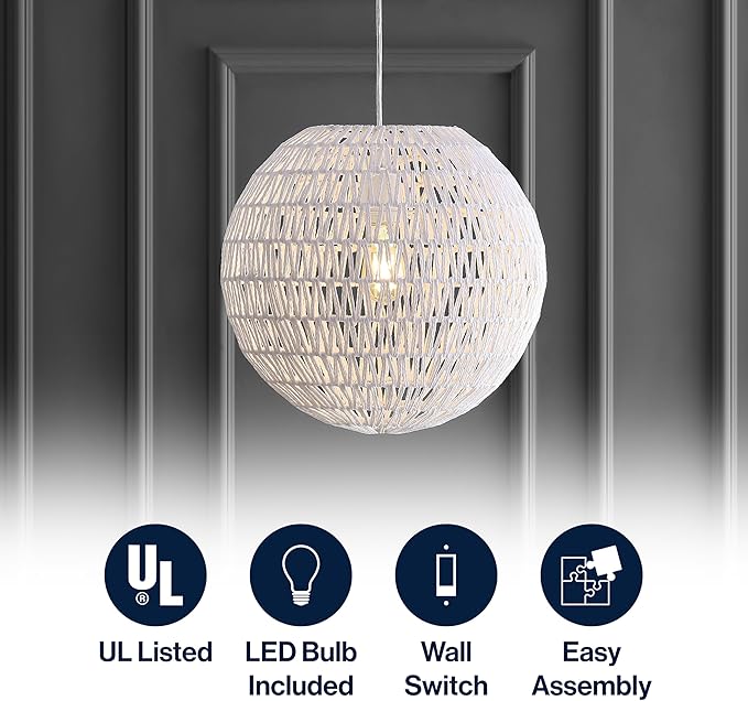 JONATHAN Y 15.7" White Modern Bohemian Woven LED Pendant Light, Adjustable Hanging Ceiling Lamp for Kitchen Island Dining Room, Paper Wicker Shade, Bulb Included JYL6503A